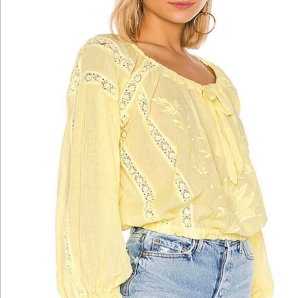 Free People Maria Maria Lace Blouse Butter Yellow Oversized XS Boho Festival - Picture 2 of 9